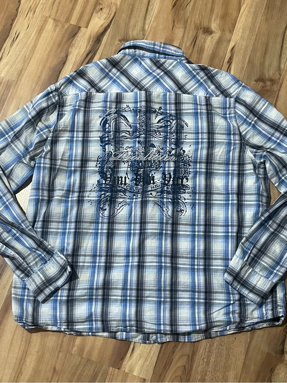 MMA Elite Plaid Button Up Shirt Gothic Script Embroidered Back Y2K Grunge